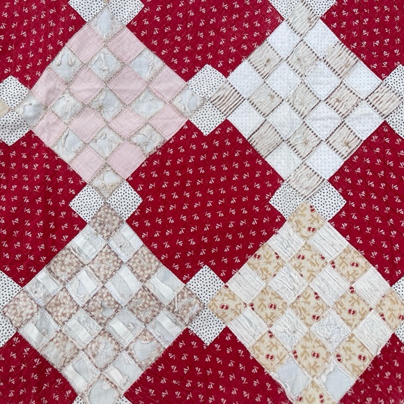 Antique Patchwork Red Calico Quilt Blanket 1800s Distressed - Picture 4 of 9